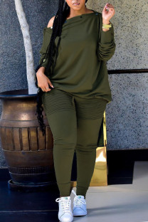 Army Green Casual Solid Patchwork Buttons Fold Off the Shoulder Long Sleeve Two Pieces