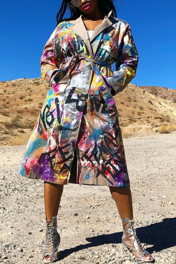 Multicolor Fashion Casual Print Cardigan Turndown Collar Outerwear