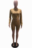 Coffee Fashion Sexy adult Ma'am Solid Two Piece Suits pencil Long Sleeve Two Pieces