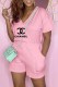 Pink Fashion Casual Print Letter V Neck Loose Rompers