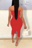 Red Sexy Print Patchwork Strapless One Step Skirt Dresses