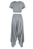 Grey Casual Solid Patchwork O Neck Short Sleeve Two Pieces