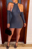 Black Gray Fashion Sexy Solid Backless Halter Sleeveless Dress (With Sleeve)