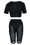 Black Fashion Sexy Solid Tassel Bandage Patchwork V Neck Short Sleeve Two Pieces