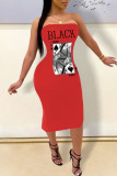 Red Sexy Print Patchwork Strapless One Step Skirt Dresses