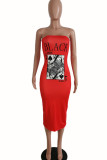 Red Sexy Print Patchwork Strapless One Step Skirt Dresses