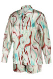 Purple Casual Print Patchwork Buckle Turndown Collar Long Sleeve Two Pieces