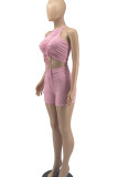 Red Sexy Sportswear Solid Patchwork Draw String Fold O Neck Sleeveless Two Pieces