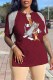 Burgundy Fashion Casual Character Tassel V Neck T-Shirts