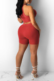 Red Sexy Sportswear Solid Patchwork Draw String Fold O Neck Sleeveless Two Pieces