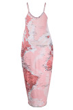 Pink Fashion Sexy Plus Size Casual Print Backless Spaghetti Strap Long Dress