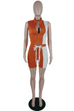 Orange Fashion Casual Solid Patchwork Contrast Zipper Collar Sleeveless Two Pieces