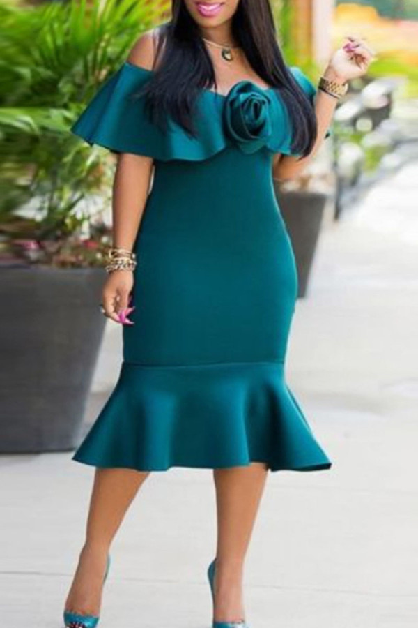 Peacock Blue Elegant Solid Patchwork Flounce Off the Shoulder Dresses
