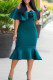 Peacock Blue Elegant Solid Patchwork Flounce Off the Shoulder Dresses