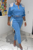 Sky Blue Casual Solid Tassel Patchwork V Neck Long Sleeve Two Pieces