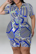 Blue Casual Print Patchwork Buckle Turndown Collar Shirt Dress Plus Size Dresses