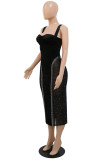Black Fashion Sexy Patchwork Hot Drilling See-through Backless Square Collar Sling Dress