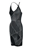 Rose Red Fashion Sexy Patchwork Hot Drilling Backless V Neck Sling Dress