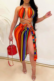 Colour Fashion Sexy Striped Print Hollowed Out Backless Swimwears Three-piece Set (Without Paddings)
