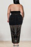 Black Sexy Solid Embroidered Sequins Patchwork High Waist Denim Skirts