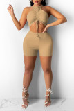 Red Sexy Sportswear Solid Patchwork Draw String Fold O Neck Sleeveless Two Pieces