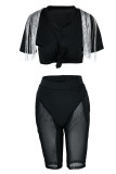 Black Fashion Sexy Solid Tassel Bandage Patchwork V Neck Short Sleeve Two Pieces