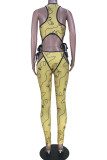 Pink Sexy Print Bandage Hollowed Out Patchwork O Neck Skinny Jumpsuits
