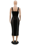 Black Fashion Sexy Patchwork Hot Drilling See-through Backless Square Collar Sling Dress