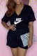 Black Fashion Casual Print Letter V Neck Loose Rompers