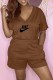 Brown Fashion Casual Print Letter V Neck Loose Rompers