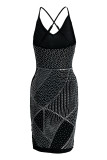 Rose Red Fashion Sexy Patchwork Hot Drilling Backless V Neck Sling Dress
