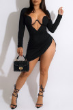 Red Fashion Sexy Solid Hollowed Out Patchwork Asymmetrical V Neck Long Sleeve Dresses