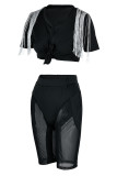 Black Fashion Sexy Solid Tassel Bandage Patchwork V Neck Short Sleeve Two Pieces
