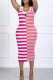 Rose Red Fashion Elegant Striped Patchwork Letter U Neck One Step Skirt Dresses