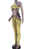 Pink Sexy Print Bandage Hollowed Out Patchwork O Neck Skinny Jumpsuits