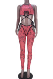 Pink Sexy Print Bandage Hollowed Out Patchwork O Neck Skinny Jumpsuits