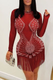 Blue Fashion Sexy Patchwork Hot Drilling Tassel O Neck Long Sleeve Dresses