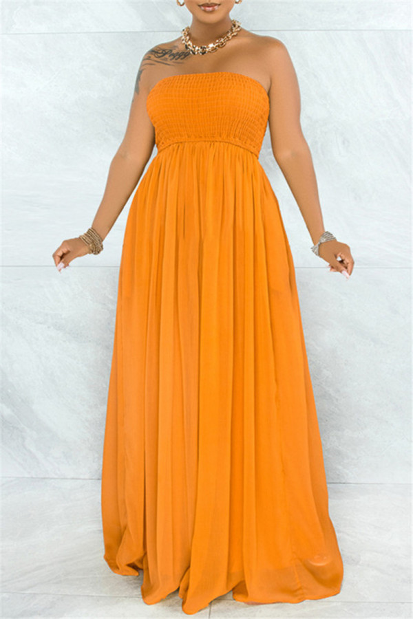 Orange Sexy Casual Solid Backless Strapless Regular Jumpsuits