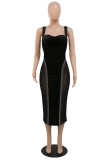 Black Fashion Sexy Patchwork Hot Drilling See-through Backless Square Collar Sling Dress