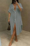 Rose Red Fashion Casual Solid Patchwork Turndown Collar Shirt Dress