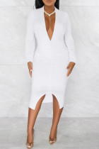 White Sexy Solid Patchwork Slit V Neck Long Sleeve Dresses
