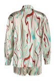 Purple Casual Print Patchwork Buckle Turndown Collar Long Sleeve Two Pieces