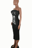Red Sexy Print Patchwork Strapless One Step Skirt Dresses