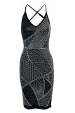 Rose Red Fashion Sexy Patchwork Hot Drilling Backless V Neck Sling Dress