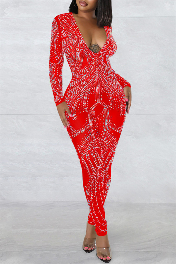 Red Fashion Sexy Patchwork Hot Drilling See-through V Neck Skinny Jumpsuits