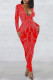 Red Fashion Sexy Patchwork Hot Drilling See-through V Neck Skinny Jumpsuits