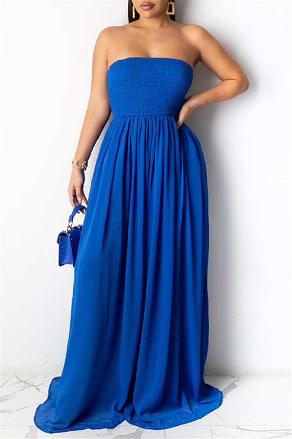 Blue Sexy Casual Solid Backless Strapless Regular Jumpsuits