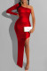Red Fashion Sexy Solid Backless Slit Oblique Collar Long Sleeve Dresses