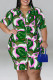 Green Casual Print Patchwork Buckle Turndown Collar Shirt Dress Plus Size Dresses
