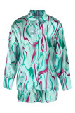 Purple Casual Print Patchwork Buckle Turndown Collar Long Sleeve Two Pieces